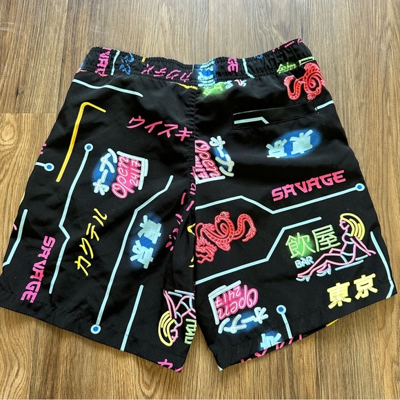 Surf Society Mens Swim Shorts Trunk Small Neon Japanese Bar Party Beach Lined 7” - Picture 6 of 12